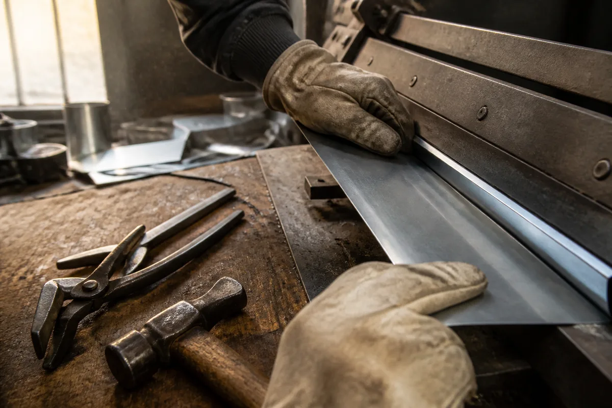 Détail de pliage manuel d&rsquo;une feuille de zinc sur un établi d&rsquo;atelier, mains gantées, copeaux métalliques