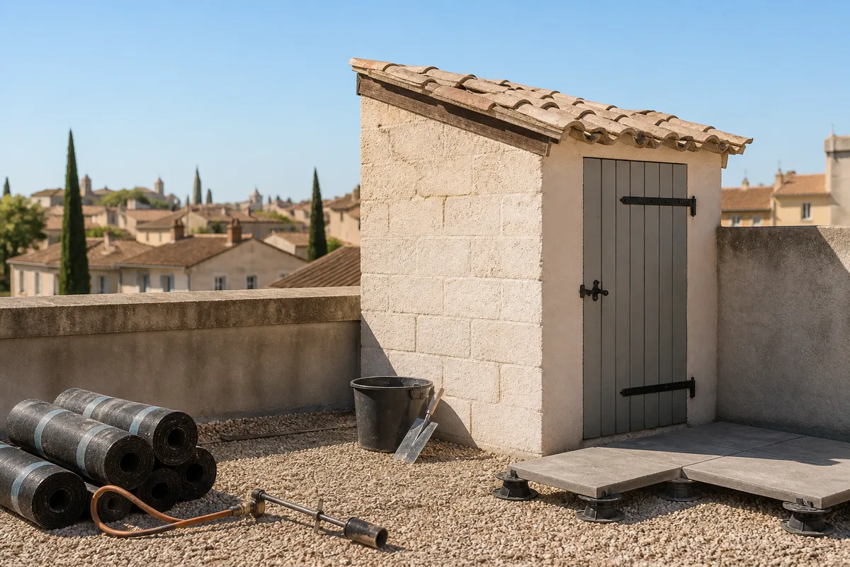 Petit local de rangement maçonné adossé à un mur de clôture, porte fermée et toiture en pente