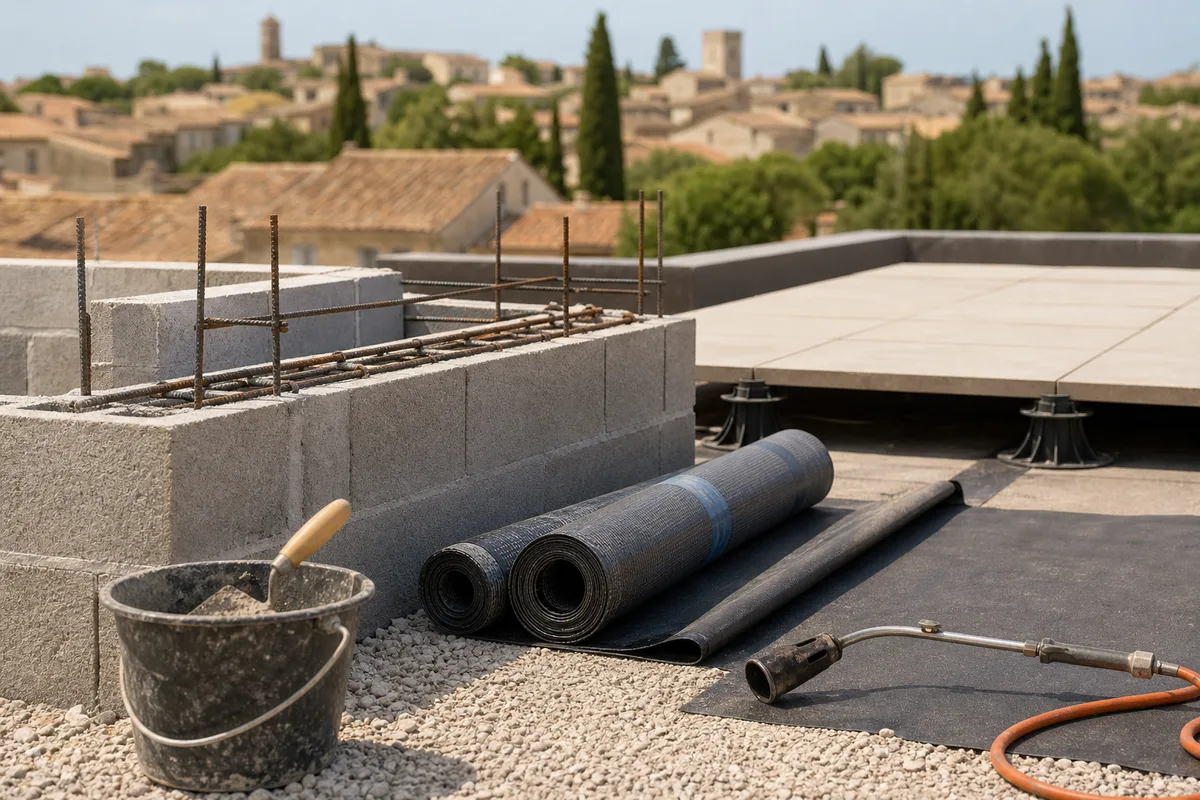 Chantier de petite maçonnerie extérieure, blocs montés et chaînage en attente de couverture