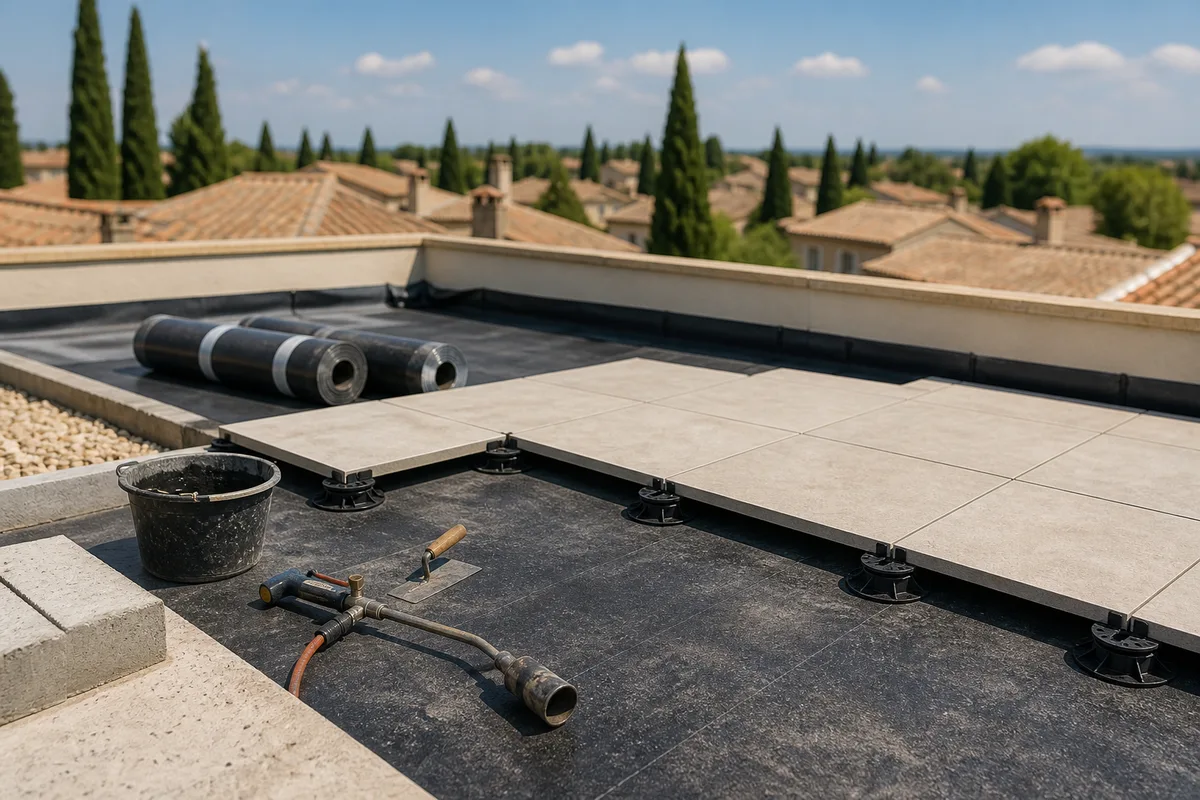 Terrasse extérieure en dalles de grès cérame posées sur plots réglables, joints réguliers