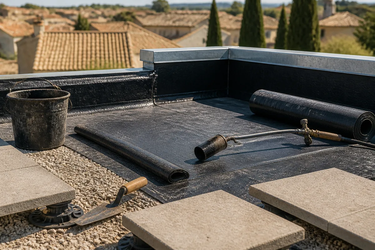 Vue rapprochée d&rsquo;un toit-terrasse en cours de réfection avec membrane bitumineuse déroulée et relevés en périphérie