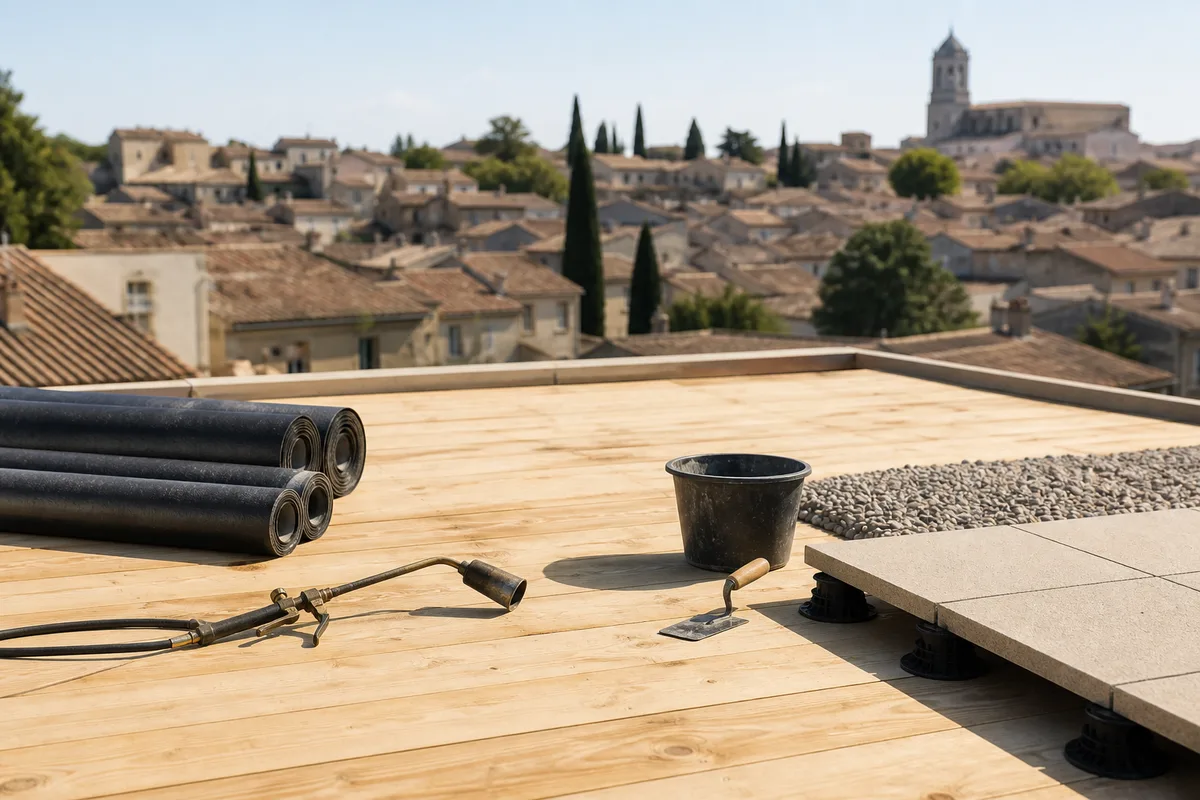Charpente bois de toit-terrasse recouverte de panneaux avant pose du complexe d&rsquo;étanchéité