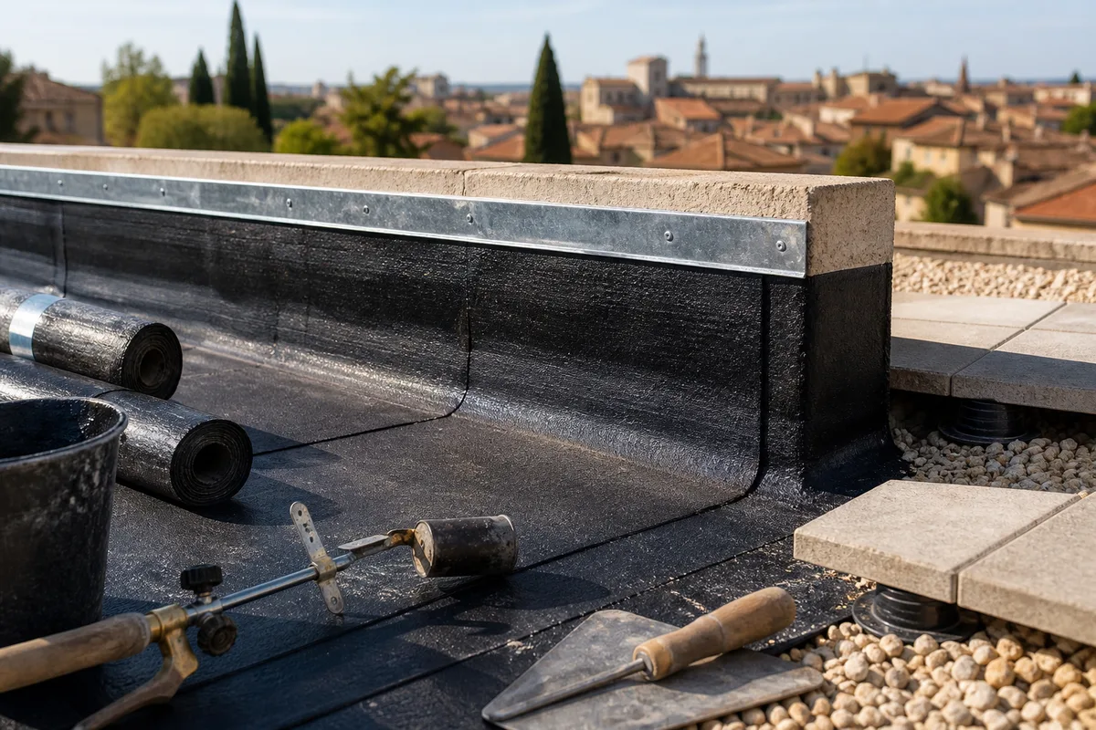 Détail d&rsquo;un relevé d&rsquo;étanchéité en périphérie de terrasse avec bande solin et fixation en tête