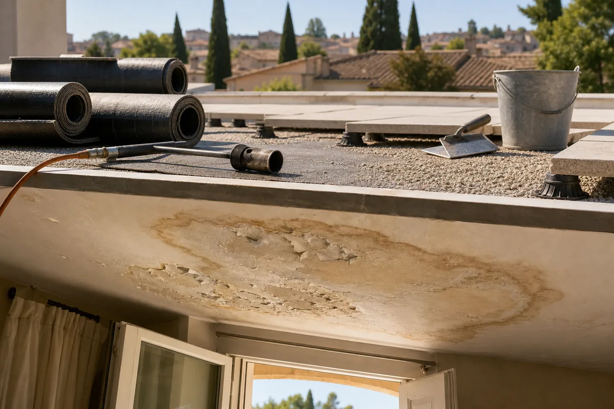 Trace d&rsquo;infiltration sur un plafond intérieur sous un toit-terrasse, auréole brune et peinture cloquée