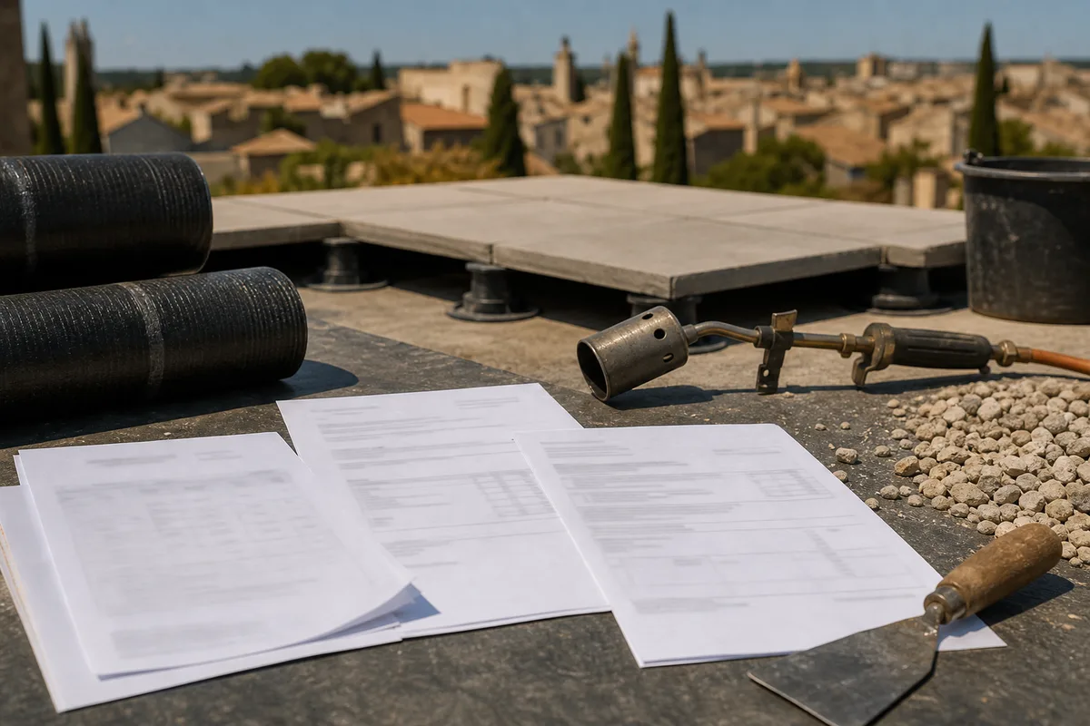 Documents de chantier posés sur une table : attestation d&rsquo;assurance, devis détaillé et procès-verbal de réception
