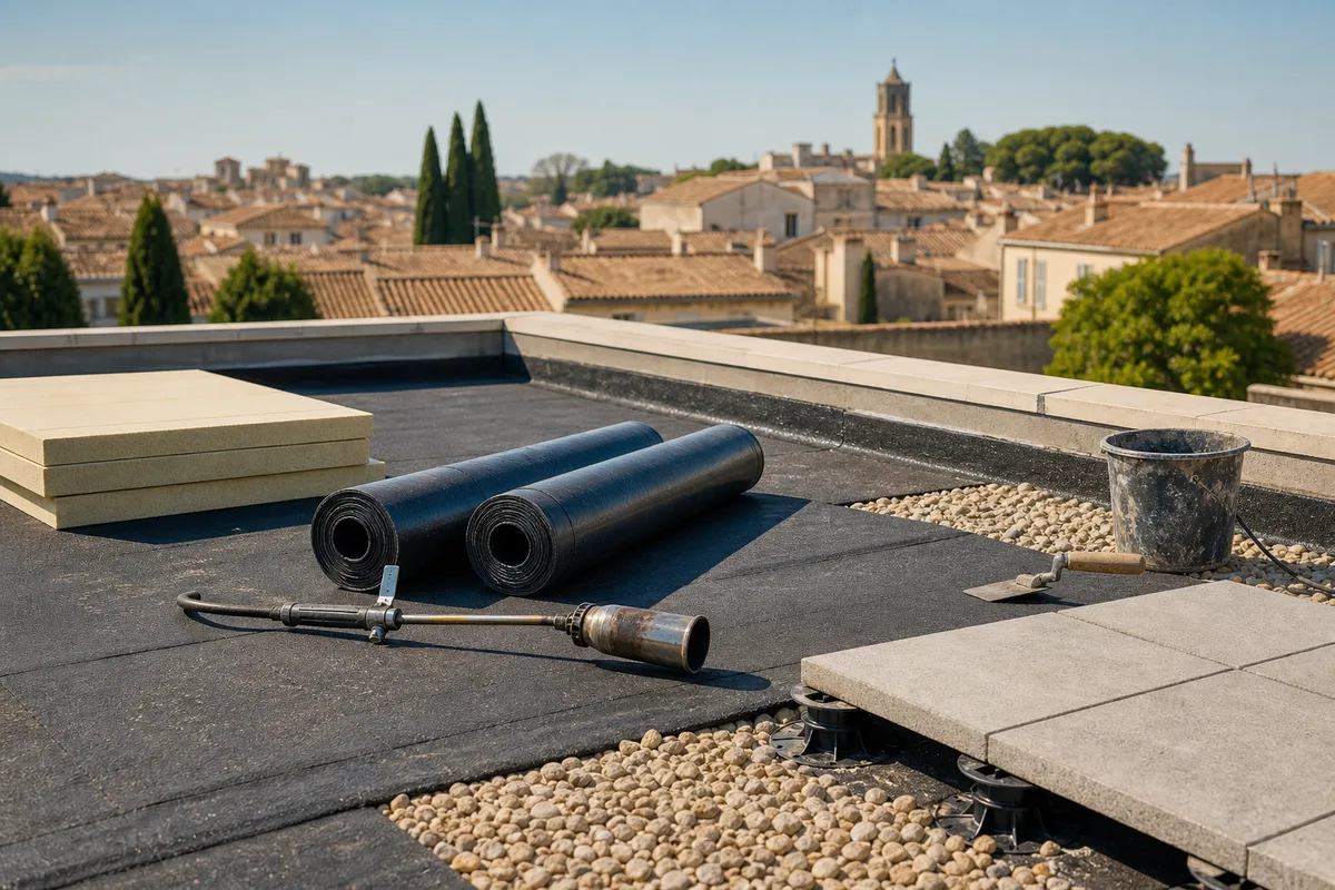 Toit-terrasse d’une maison arlésienne avec membrane d’étanchéité, relevé contre l’acrotère et lanterneau