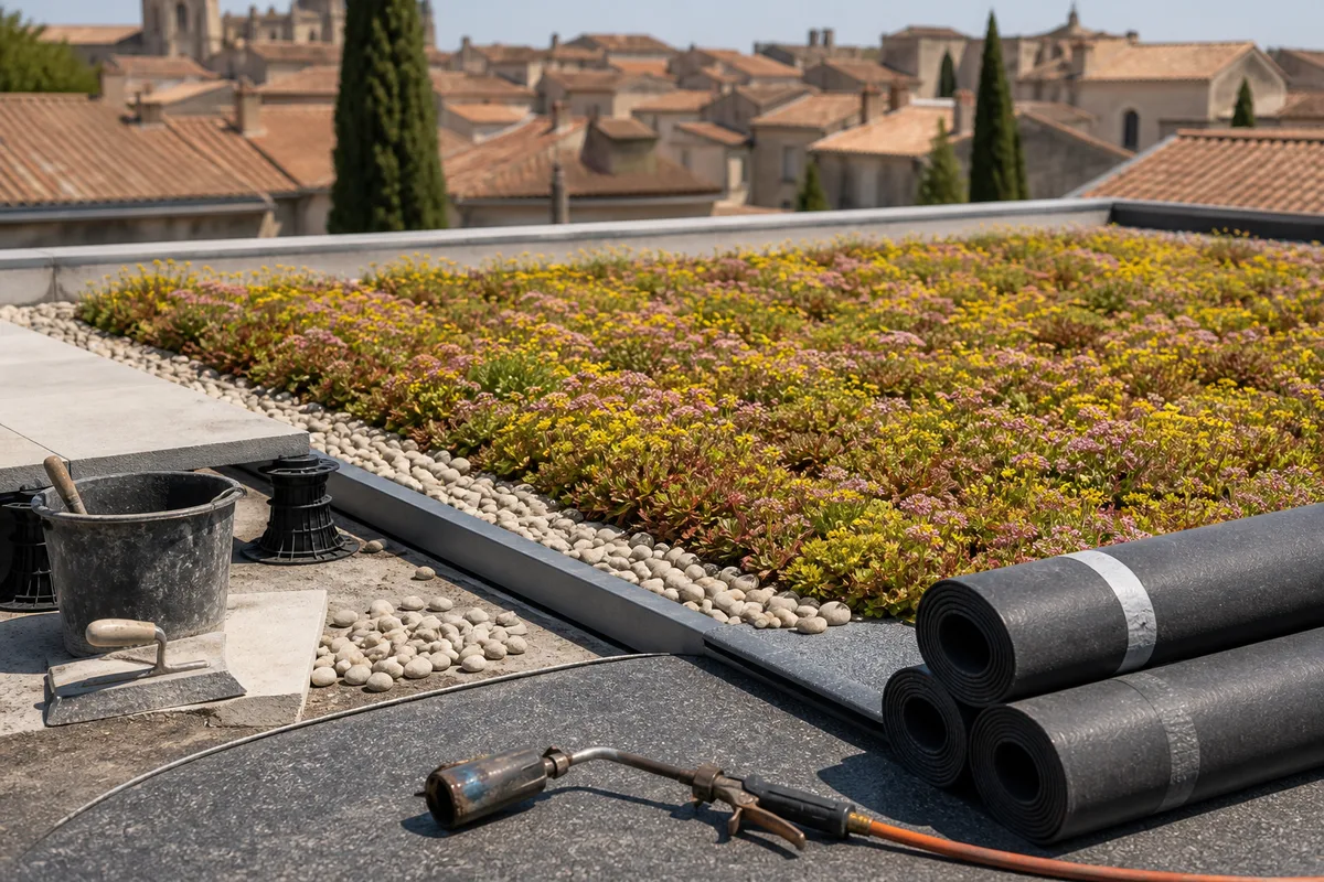 Toiture plate couverte de sédums en fleurs avec bande de gravillons en périphérie